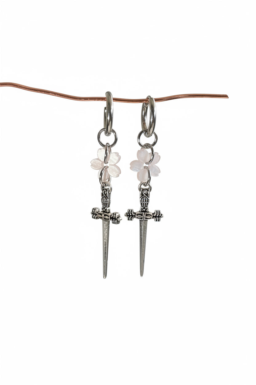 Pink flower sword earrings