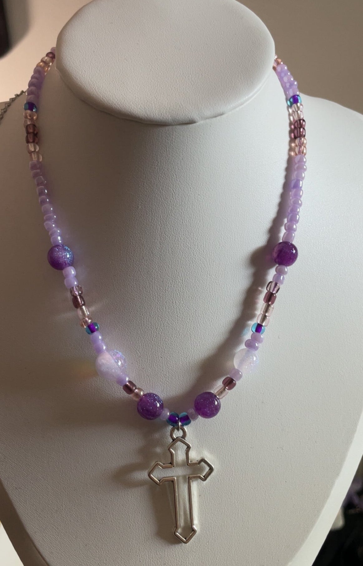 Purple cross beaded necklace