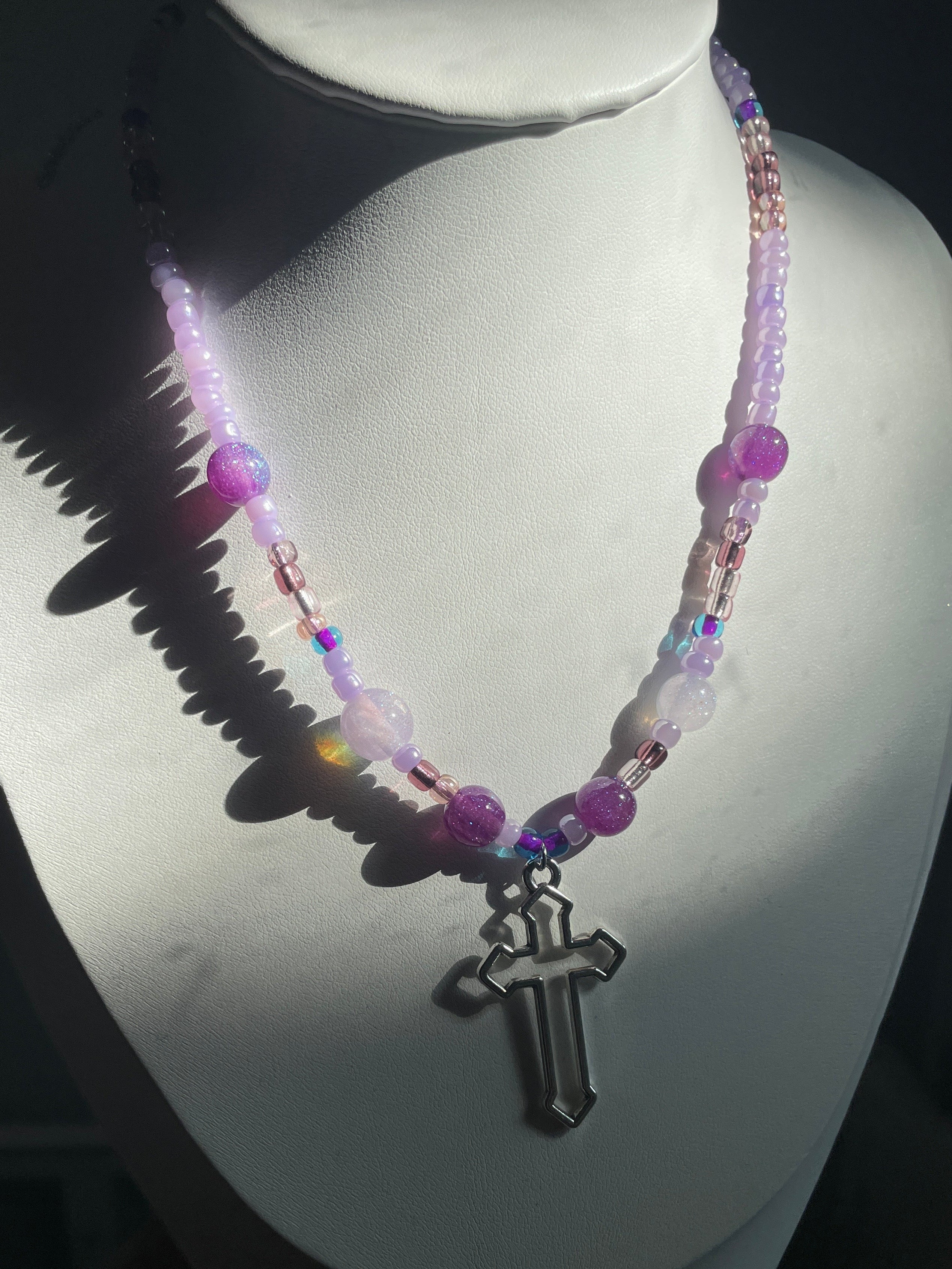 Purple cross beaded necklace